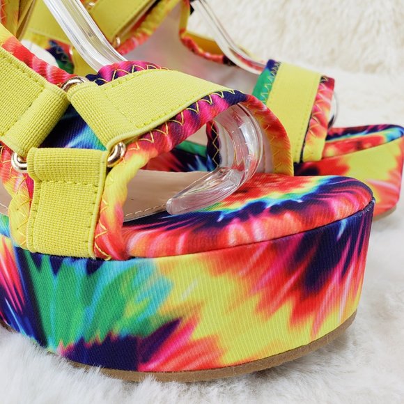 2" Platform Harness Strap Sandals Colorful Tie Dye Yellow COMFY New Mia - Picture 8 of 13